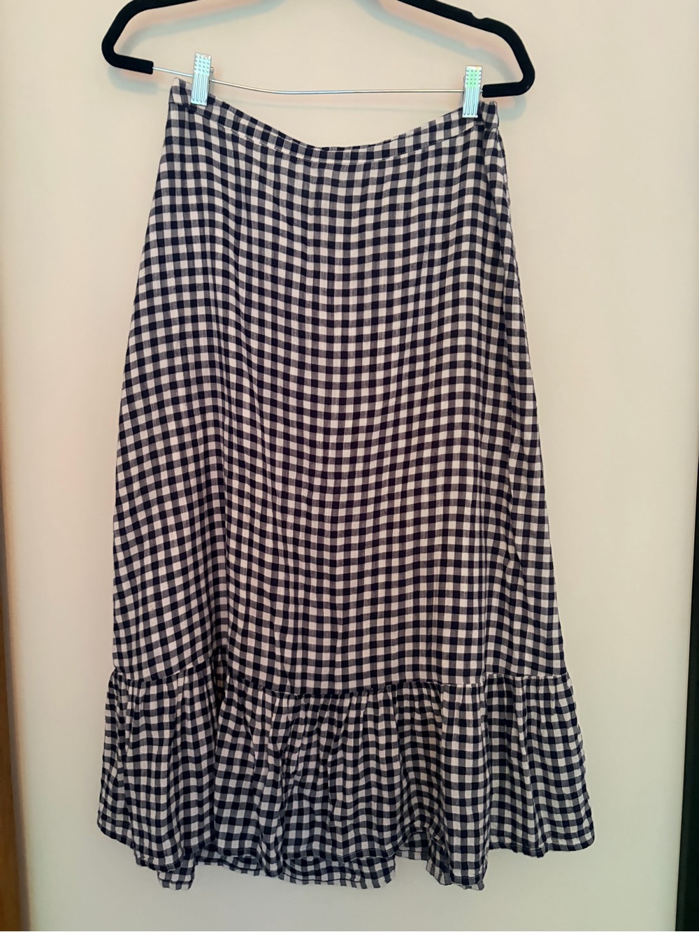 Blue and White Gingham Midi Skirt with Ruffle Hem